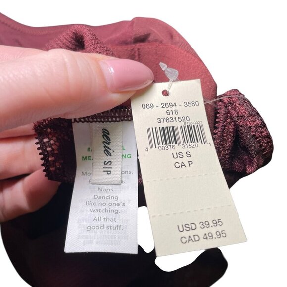 Aerie NWT Burgundy Lace Ribbed Bralette Tank Top Built-In Bra Size Small - Picture 2 of 5